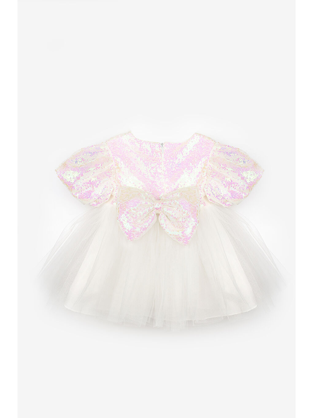 Beyaz Fiyonk Detaylı Pullu Kız Bebek Elbise - Amber-1