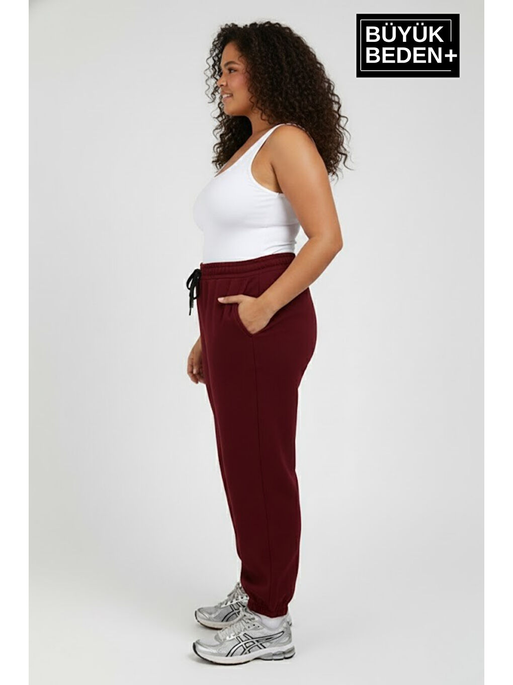 Bordo Kadın Büyük Beden Paça Lastikli İki İplik Rahat Kalıp ince Eşofman Altı SPR26BEAK951-1