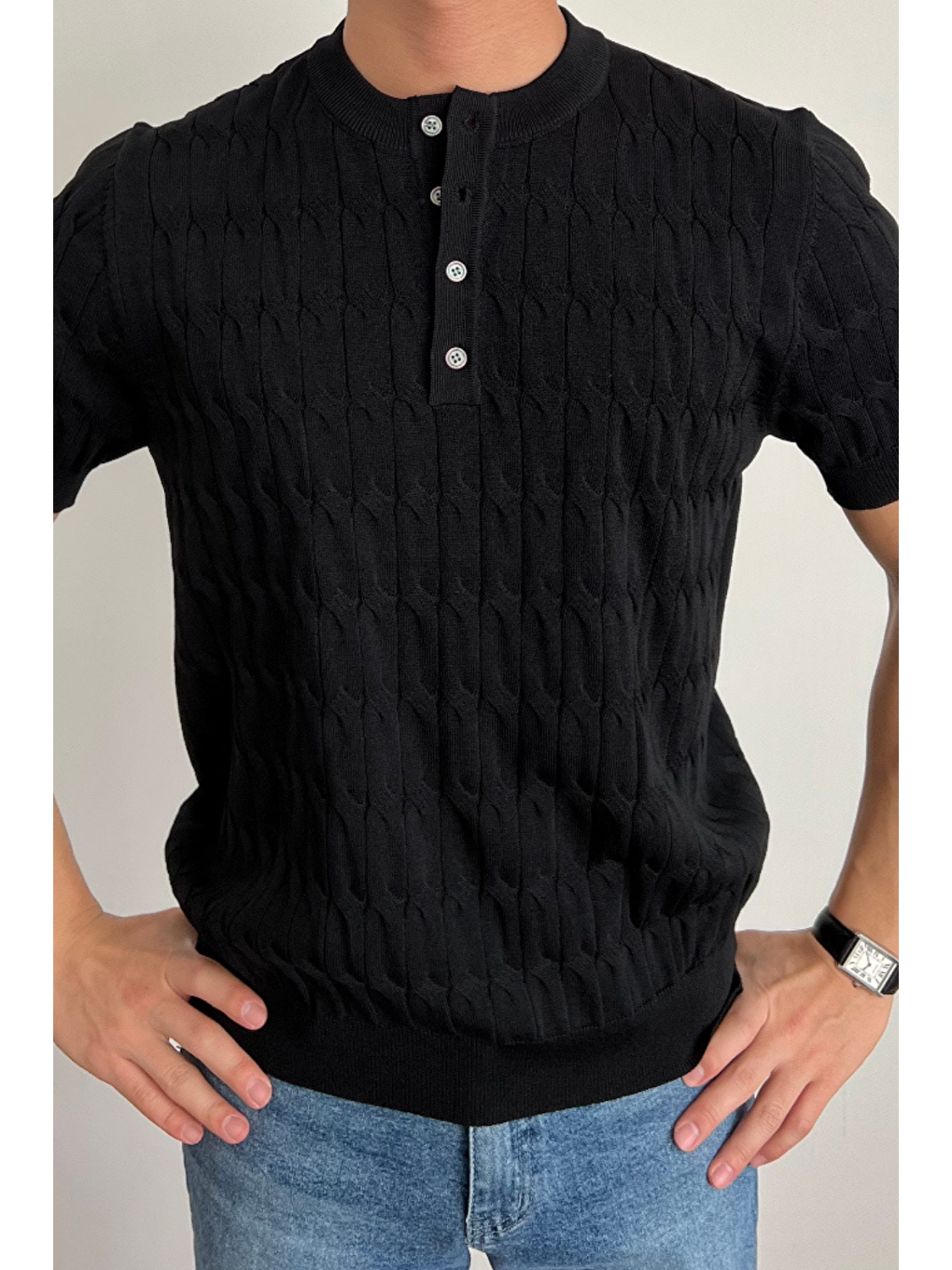 Erkek Siyah Hakim Yaka Düğmeli Slim Fit Triko T-Shirt-1