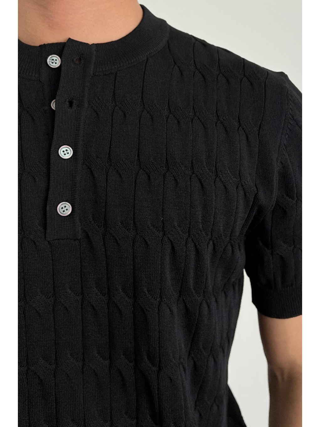 Erkek Siyah Hakim Yaka Düğmeli Slim Fit Triko T-Shirt-2