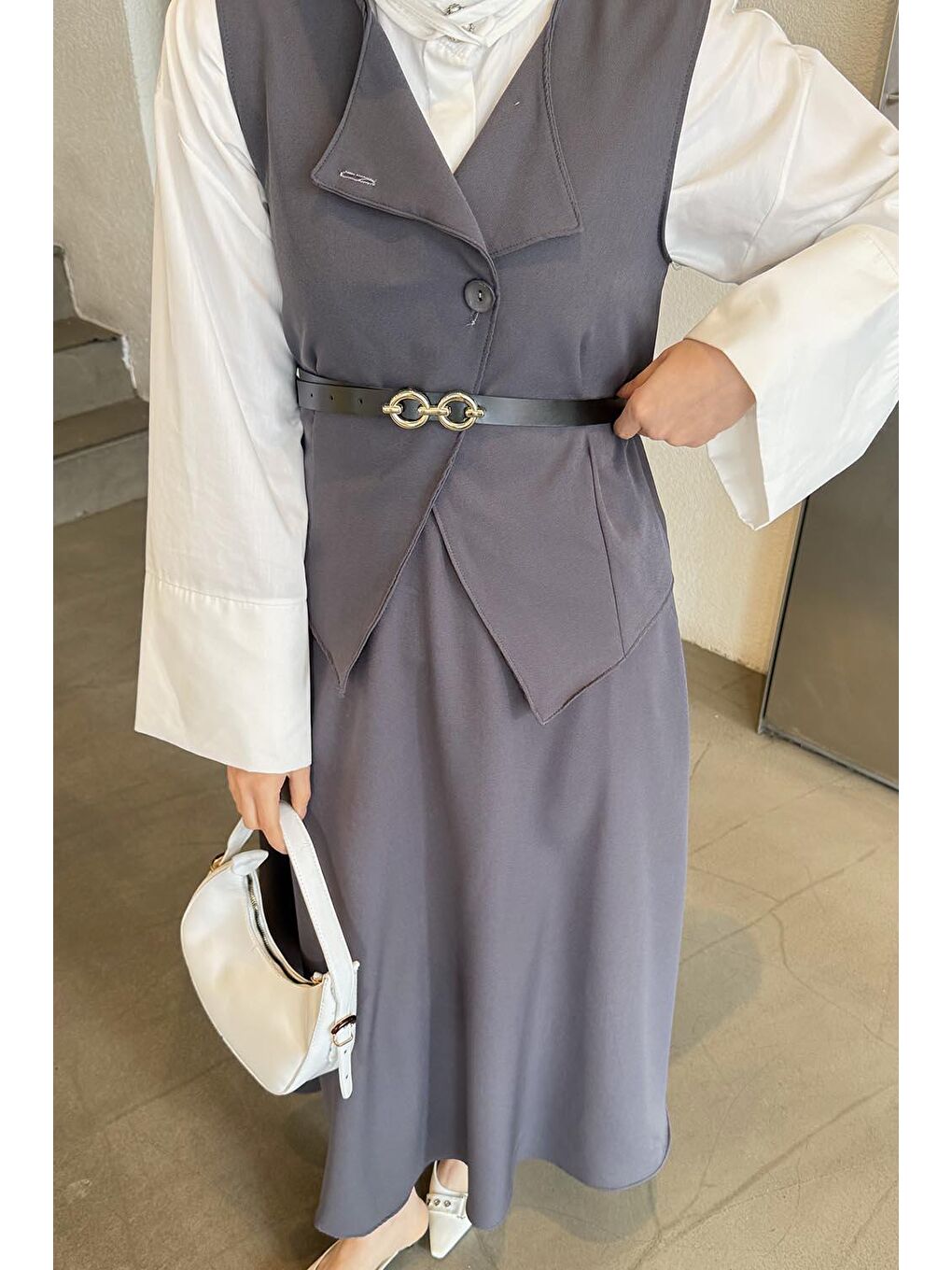 Düğmeli Etek-Yelek Tesettür İkili Takım Antrasit-3