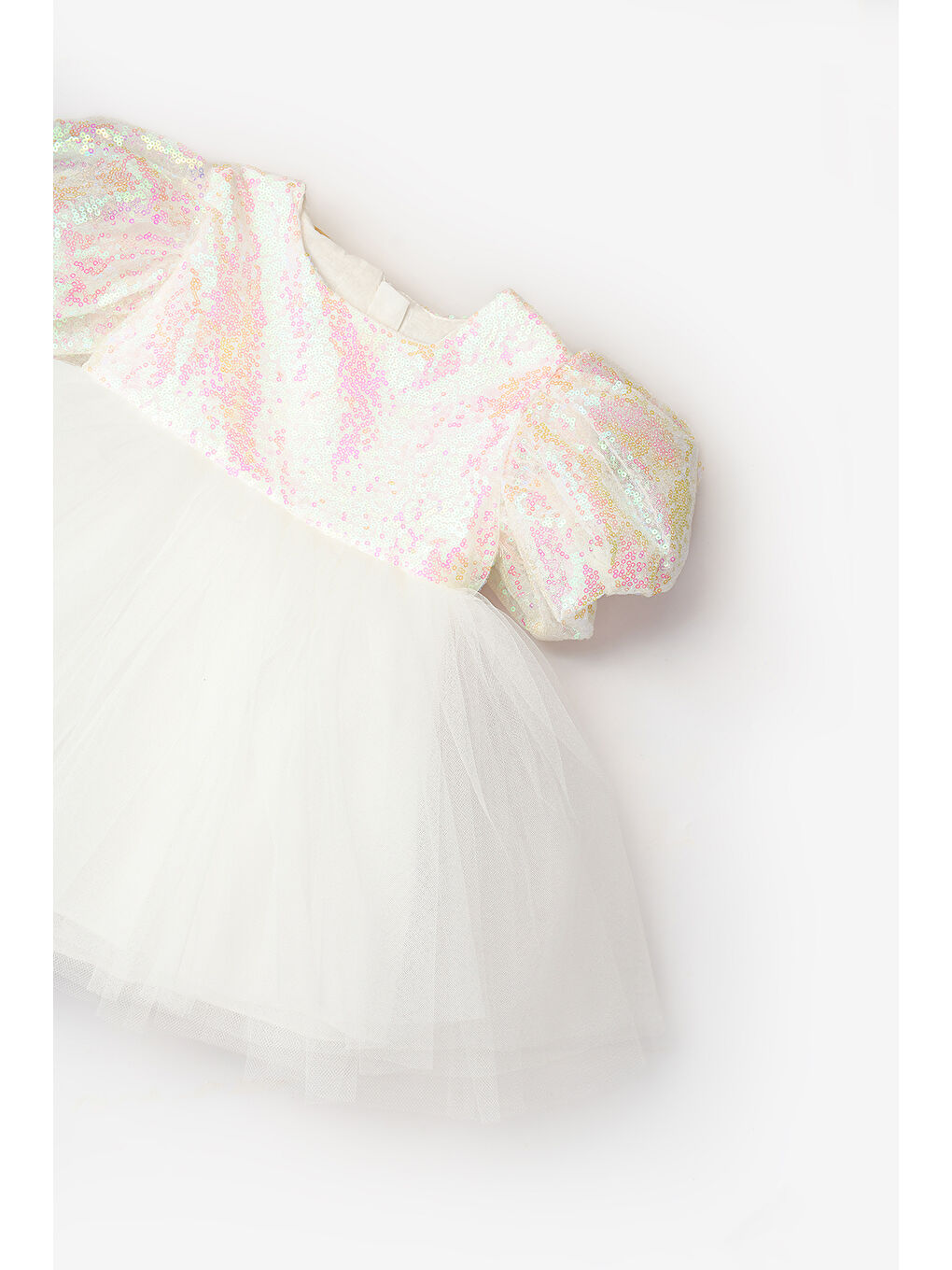 Beyaz Fiyonk Detaylı Pullu Kız Bebek Elbise - Amber-2