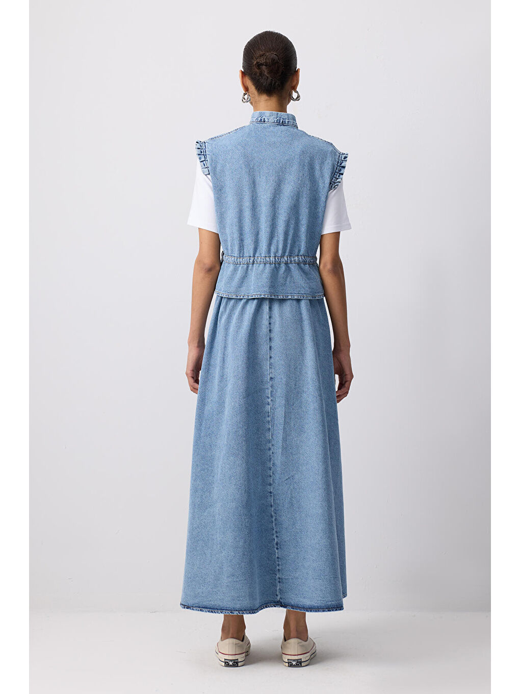 Mavi Beli Bağlamalı Denim Yelek Etek Takım-4