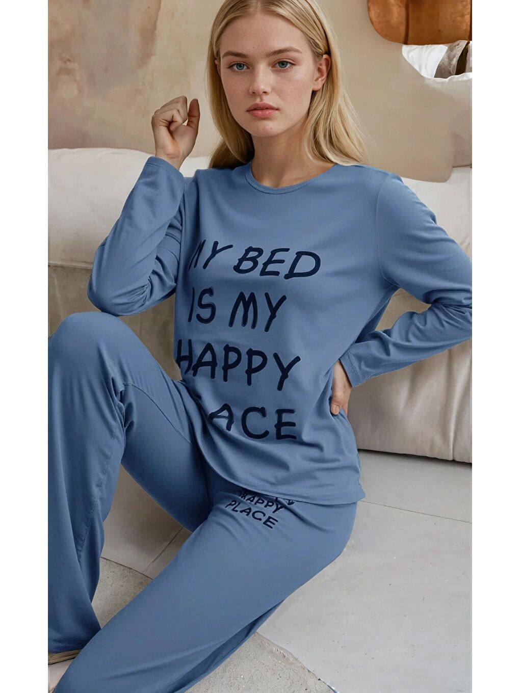 Mavi Uzun Kollu Bisiklet Yaka Baskılı Kadın Pijama Takımı-1