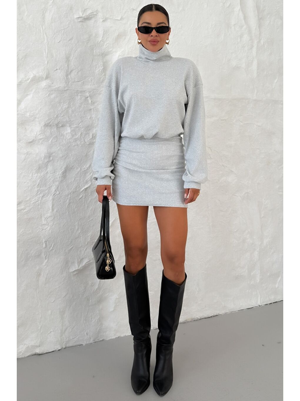 Kadın Gri Boğazlı Bel Lastikli İnterlok Mini Elbise-1