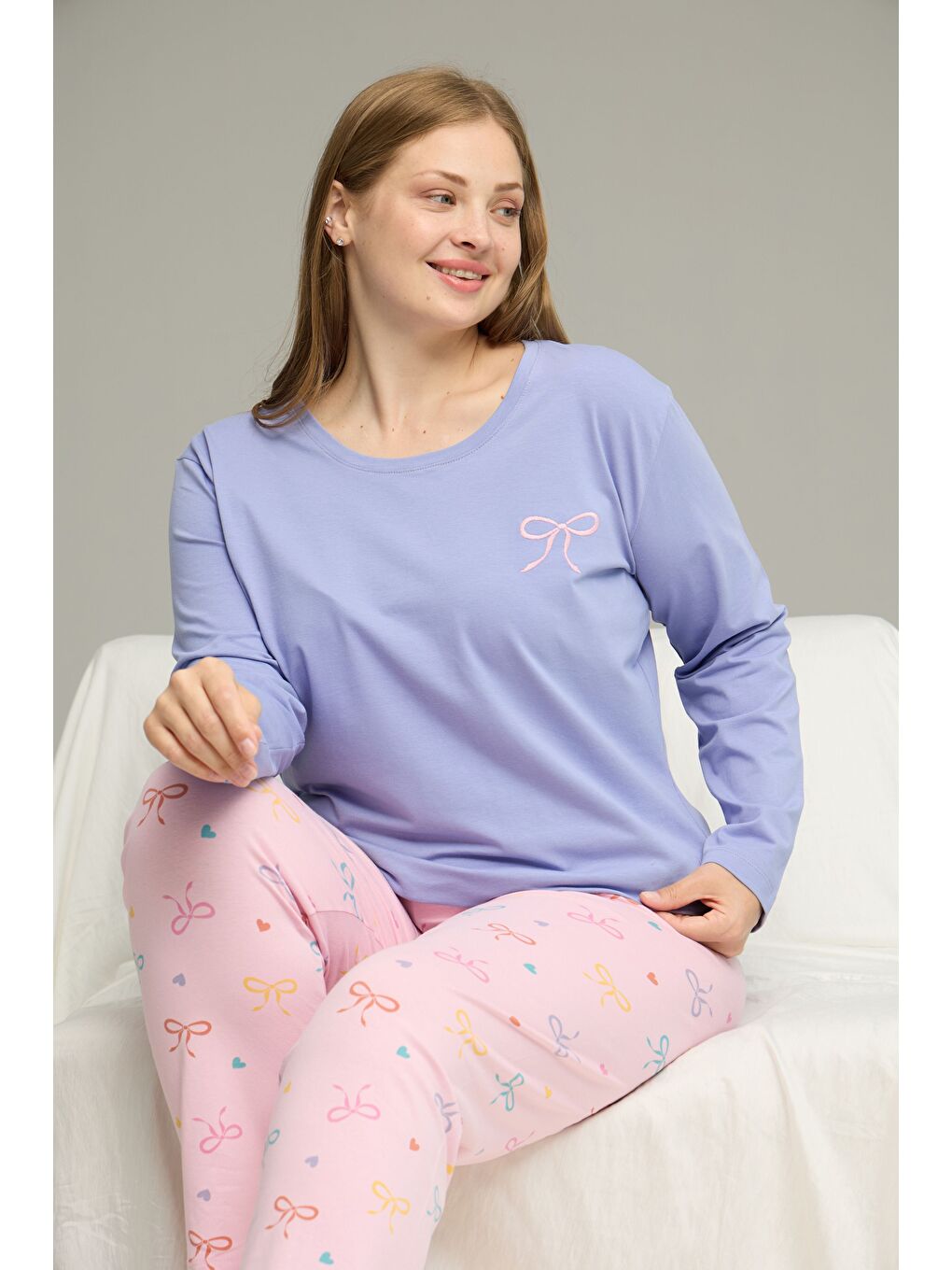 Lila Desenli Curve Büyük Beden Battal Boy Pamuklu Pijama Takım25240851