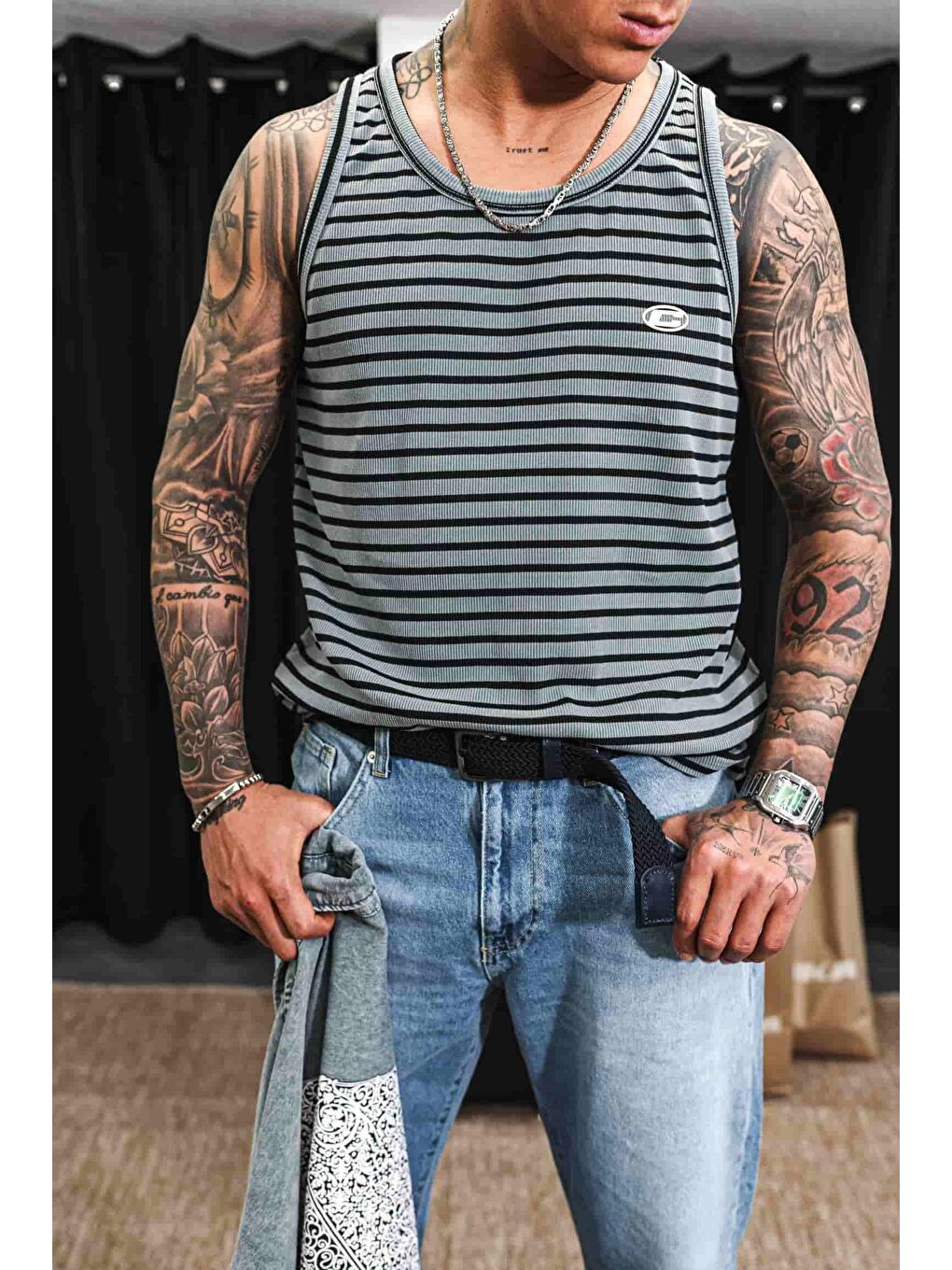 Erkek Ribana Kumaş Çizgili Atlet Gri