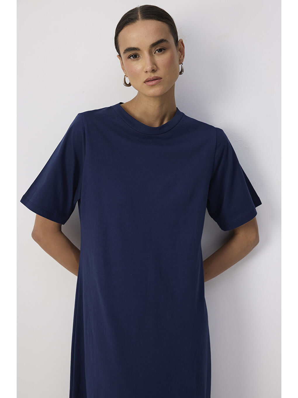 Lacivert %100 Pamuklu Kısa Kollu Örme Elbise-1