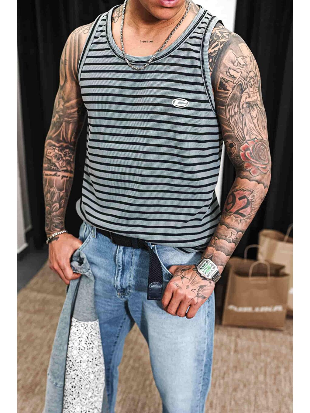 Erkek Ribana Kumaş Çizgili Atlet Gri-1