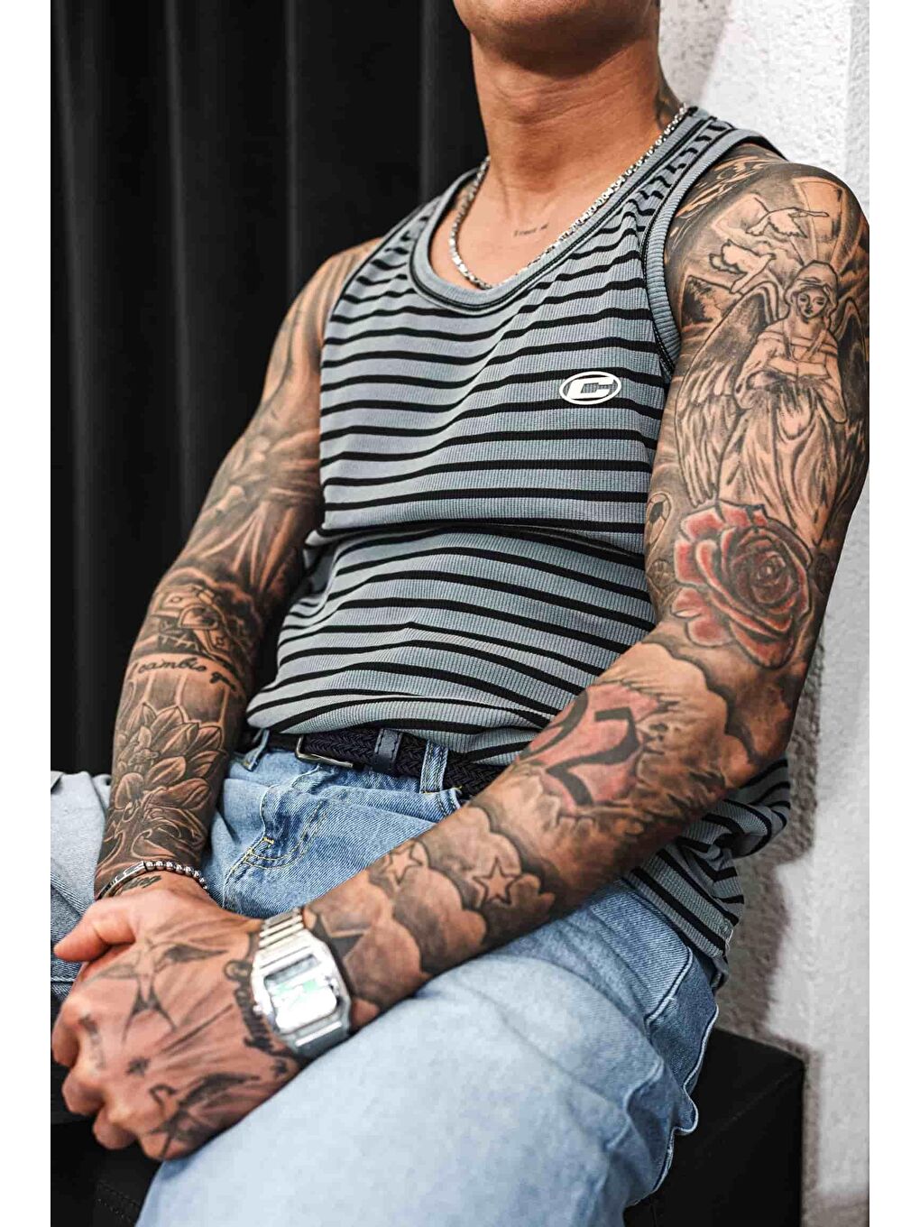 Erkek Ribana Kumaş Çizgili Atlet Gri-2