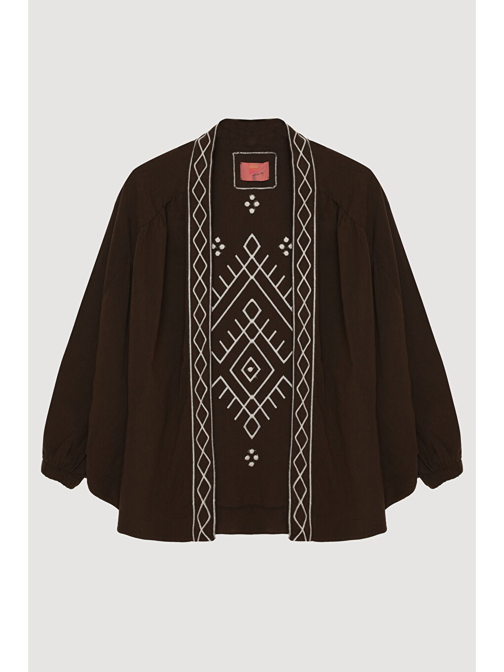 Kahverengi Etnik Desenli Şerit Nakışlı Kısa Keten Kimono Koyu Kahve-1