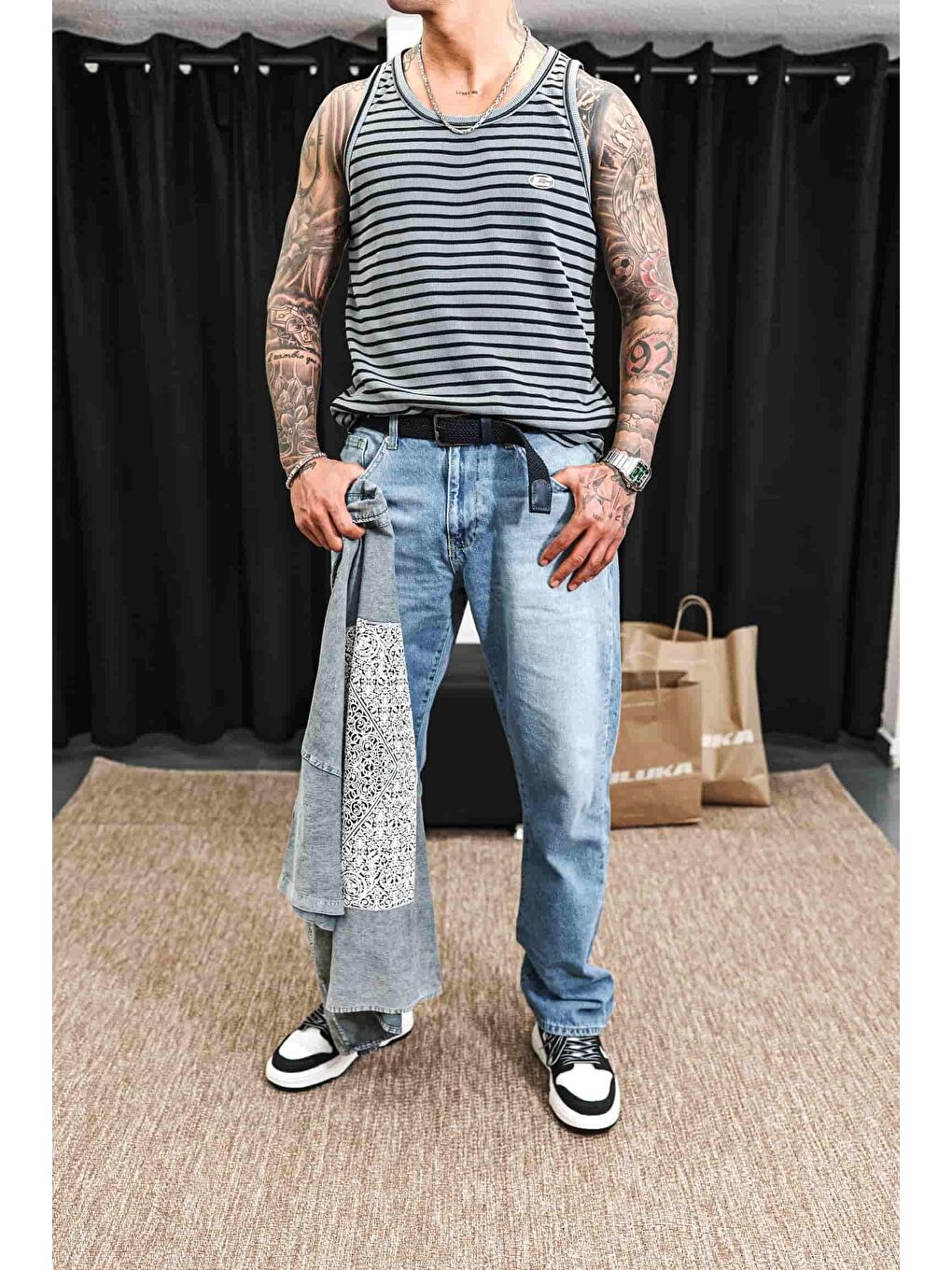 Erkek Ribana Kumaş Çizgili Atlet Gri-3