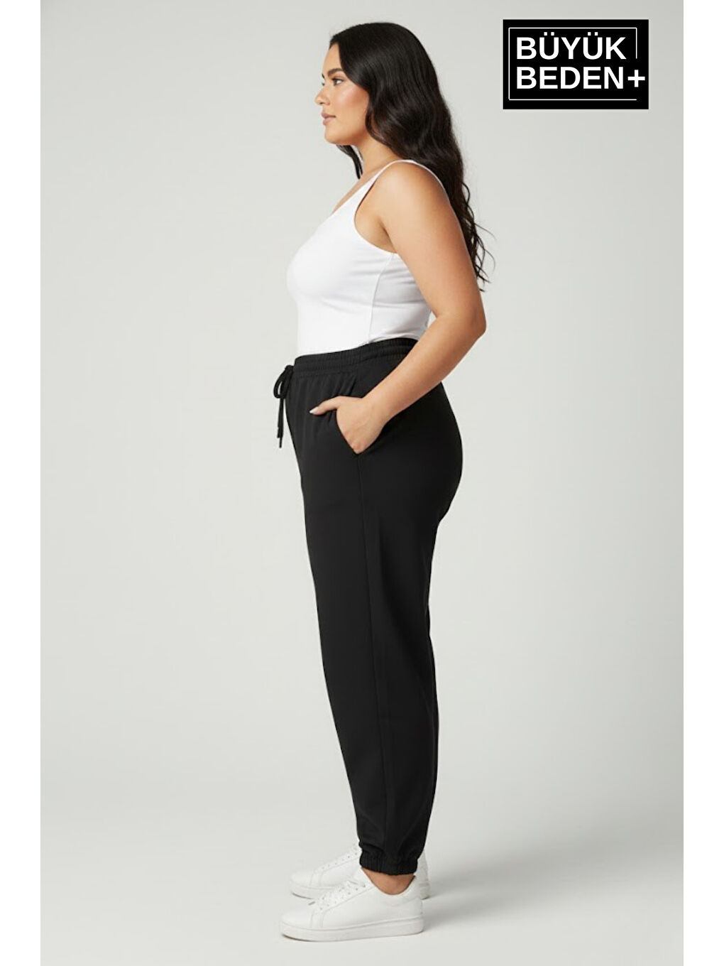 Siyah Kadın Büyük Beden Paça Lastikli İki İplik Rahat Kalıp ince Eşofman Altı SPR26BEAK951-1