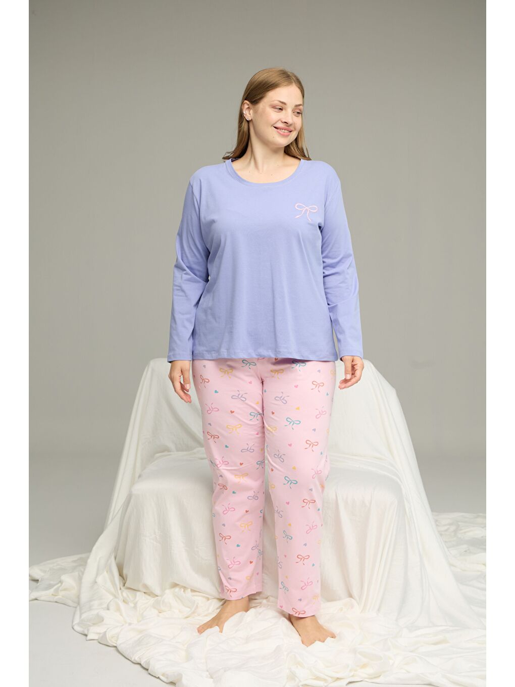 Lila Desenli Curve Büyük Beden Battal Boy Pamuklu Pijama Takım25240851-1