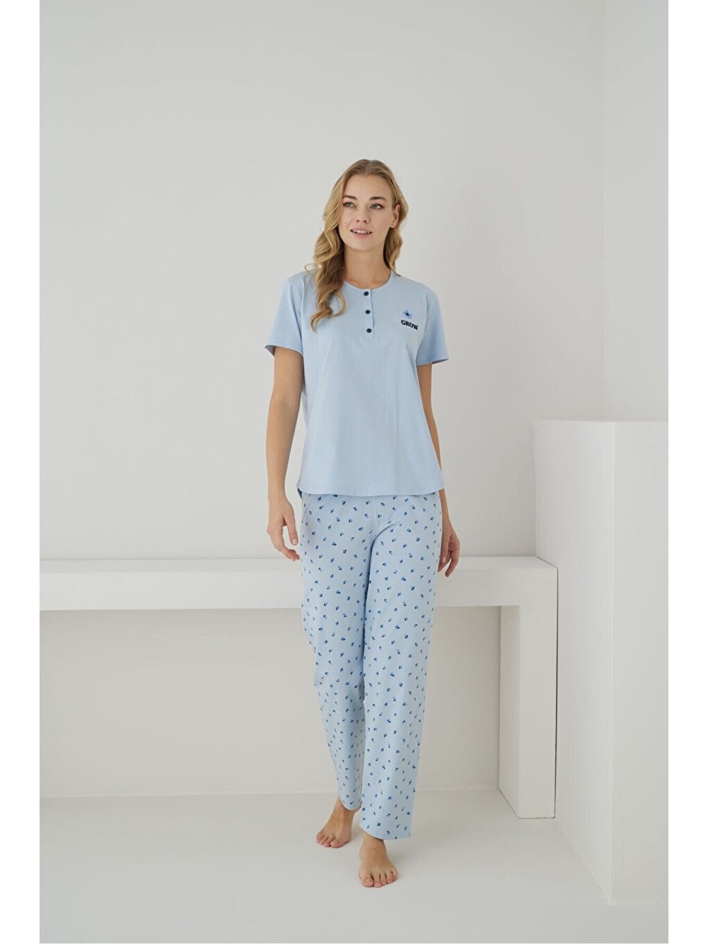 Mavi Kadın %100 Organik Doğal Pamuk Büyük Beden Desenli Kısa Kollu Battal Pijama Takımı