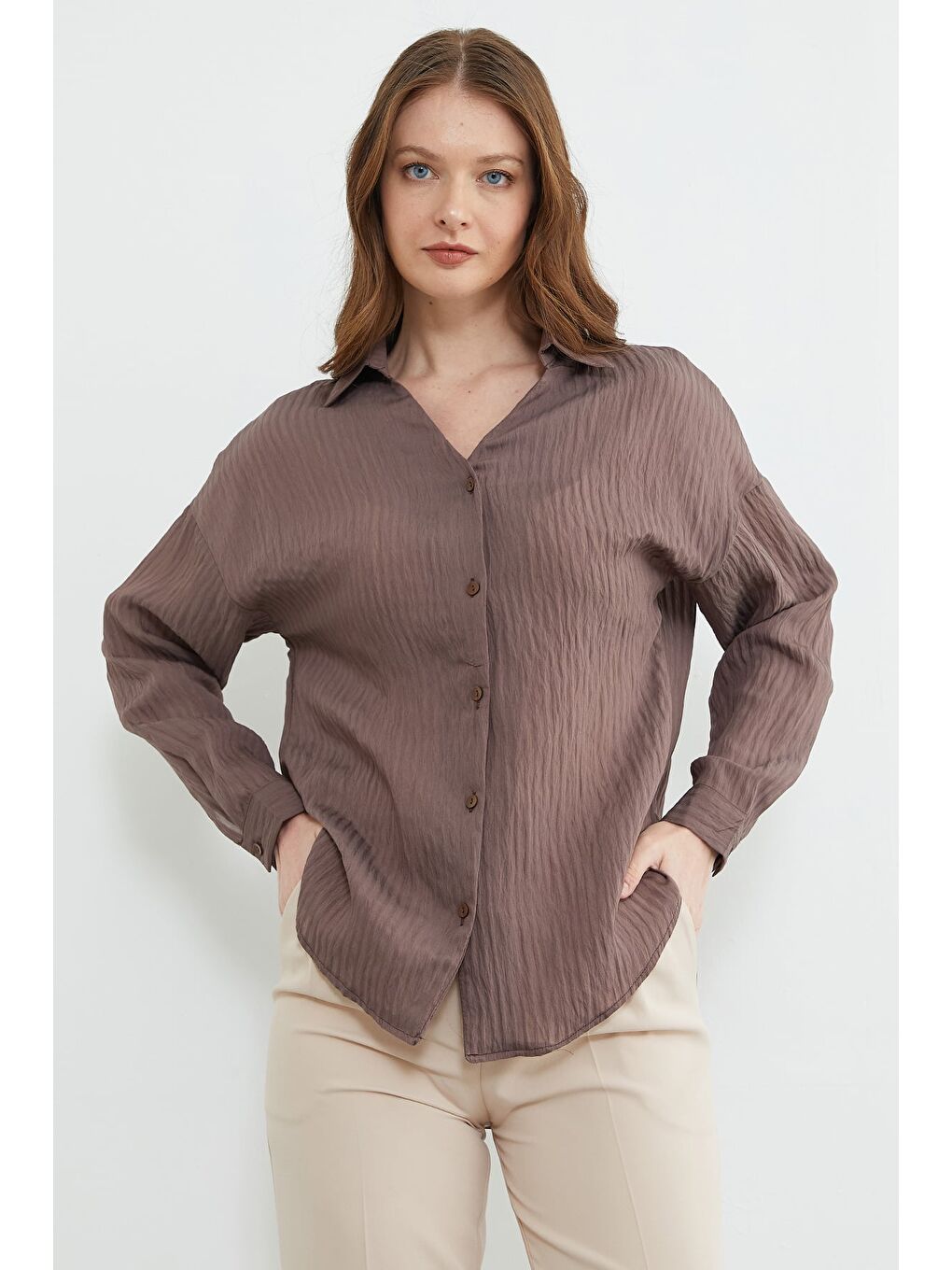 Kahverengi Çizgili Jakarlı Salaş Gömlek