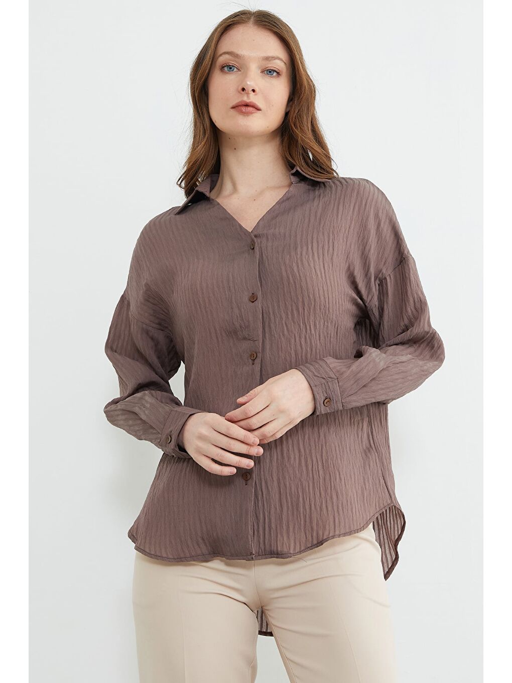 Kahverengi Çizgili Jakarlı Salaş Gömlek-1