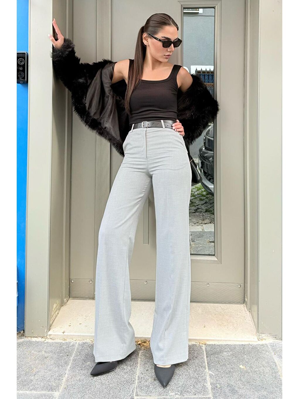 Gri Yüksek Bel Kumaş Pantolon Mg2285-1