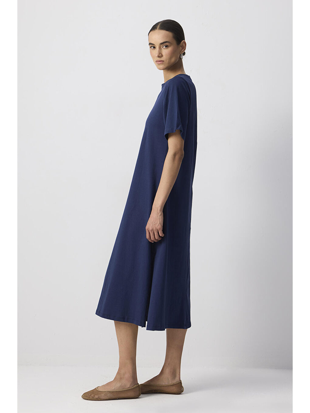 Lacivert %100 Pamuklu Kısa Kollu Örme Elbise-2