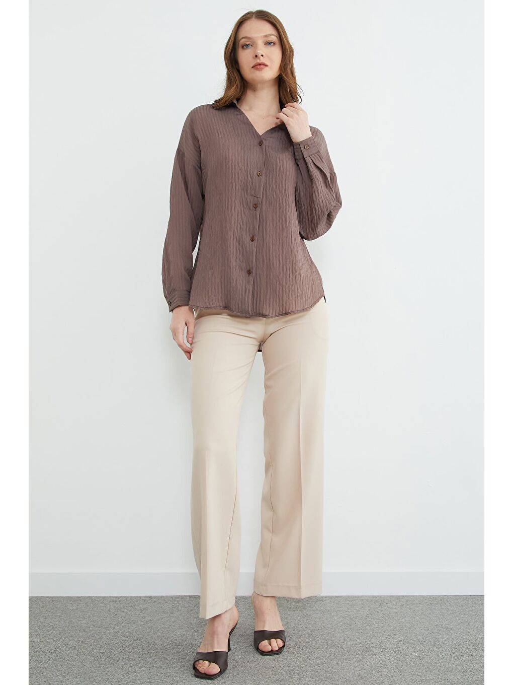 Kahverengi Çizgili Jakarlı Salaş Gömlek-3