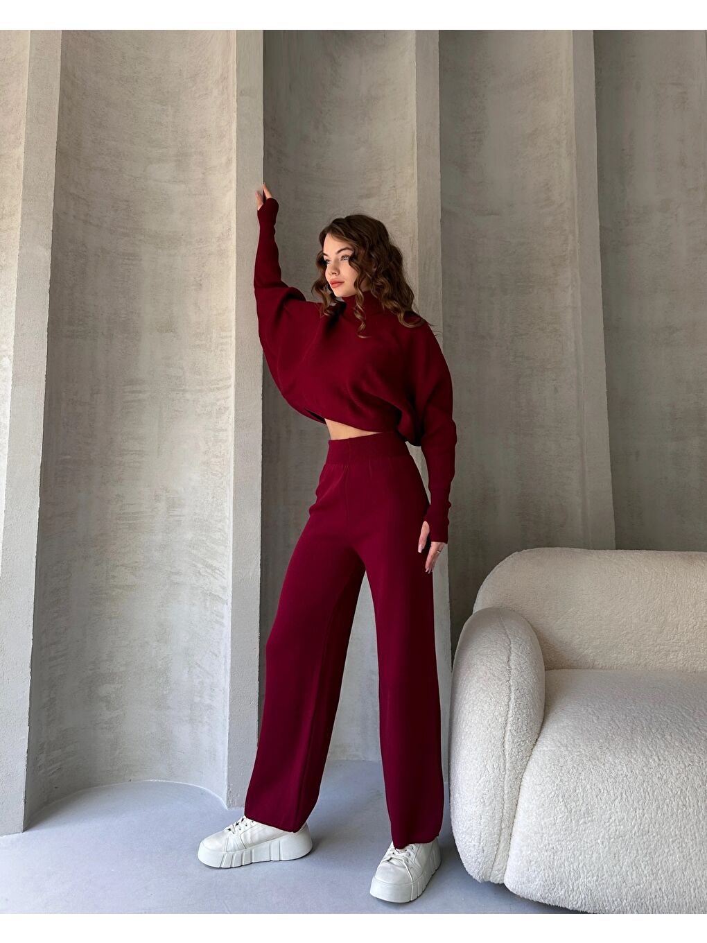 Bordo Balıkçı Crop Kazak ve Pantolon Triko Takım-1