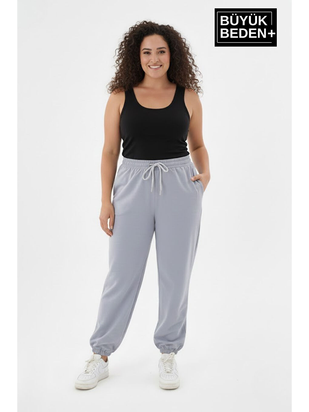 Gri Kadın Büyük Beden Paça Lastikli İki İplik Rahat Kalıp ince Eşofman Altı SPR26BEAK951
