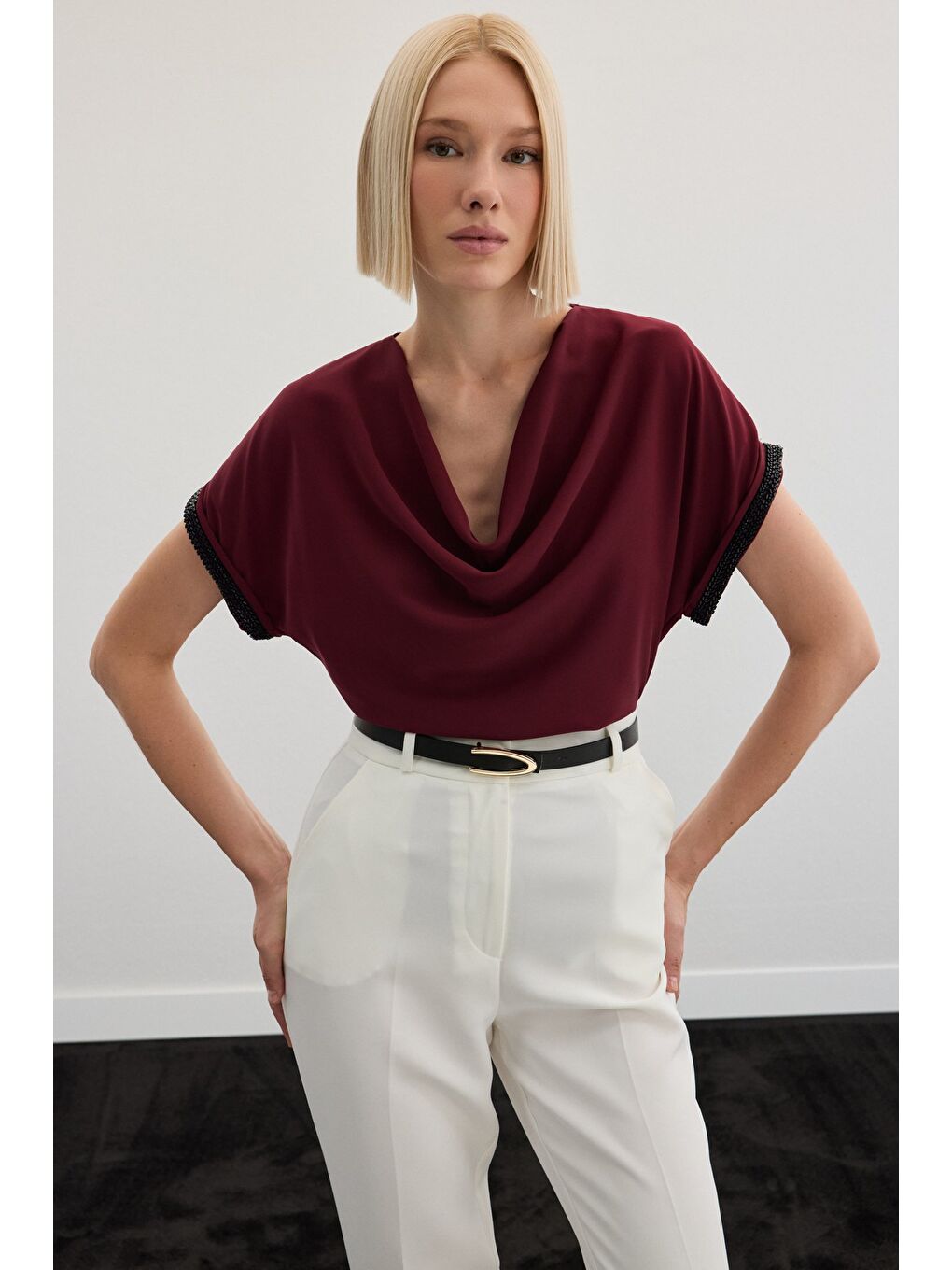 Kollar Taş Detaylı Salaş Bluz - Bordo-1