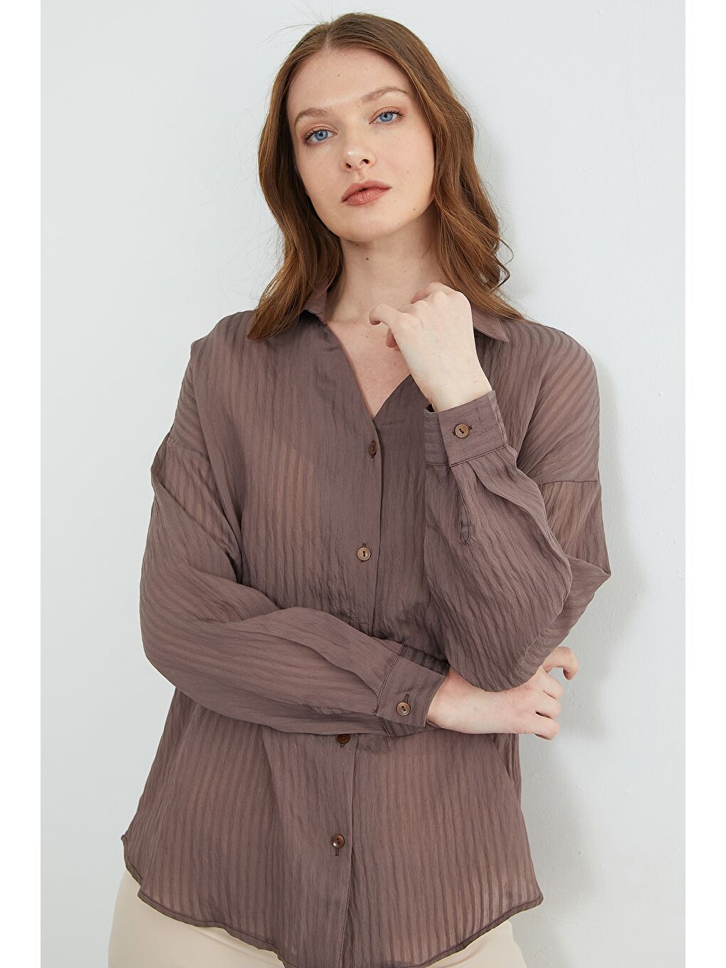 Kahverengi Çizgili Jakarlı Salaş Gömlek-4