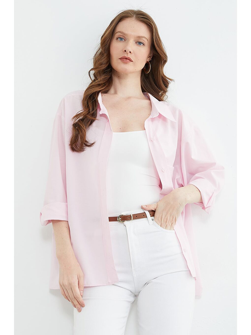 Pembe Basic Tek Cepli Oversize Gömlek