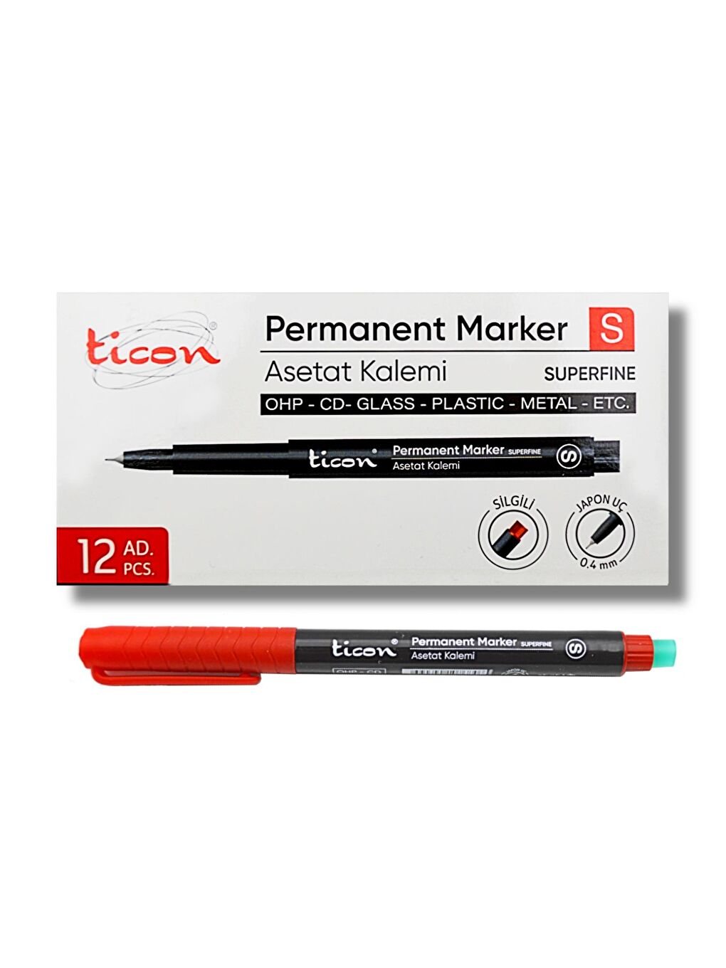 Permanent Asetat Kalemi S Silgili KIRMIZI 12 Adet