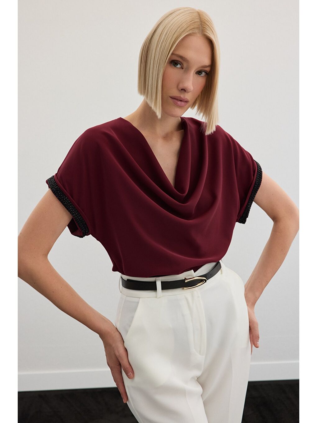 Kollar Taş Detaylı Salaş Bluz - Bordo-2