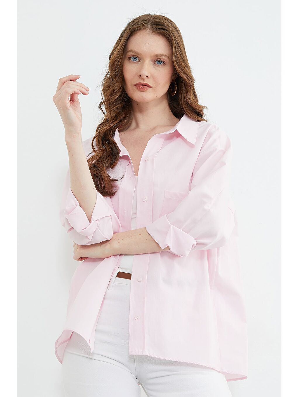 Pembe Basic Tek Cepli Oversize Gömlek-1