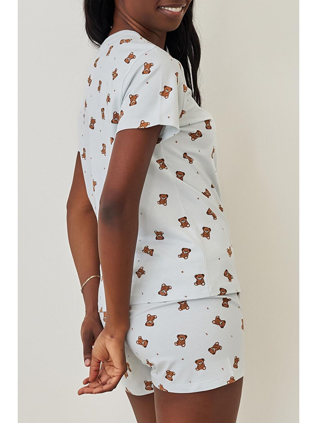 Kadın Teddy Desenli Şortlu Pijama Takımı Açık Mavi-1