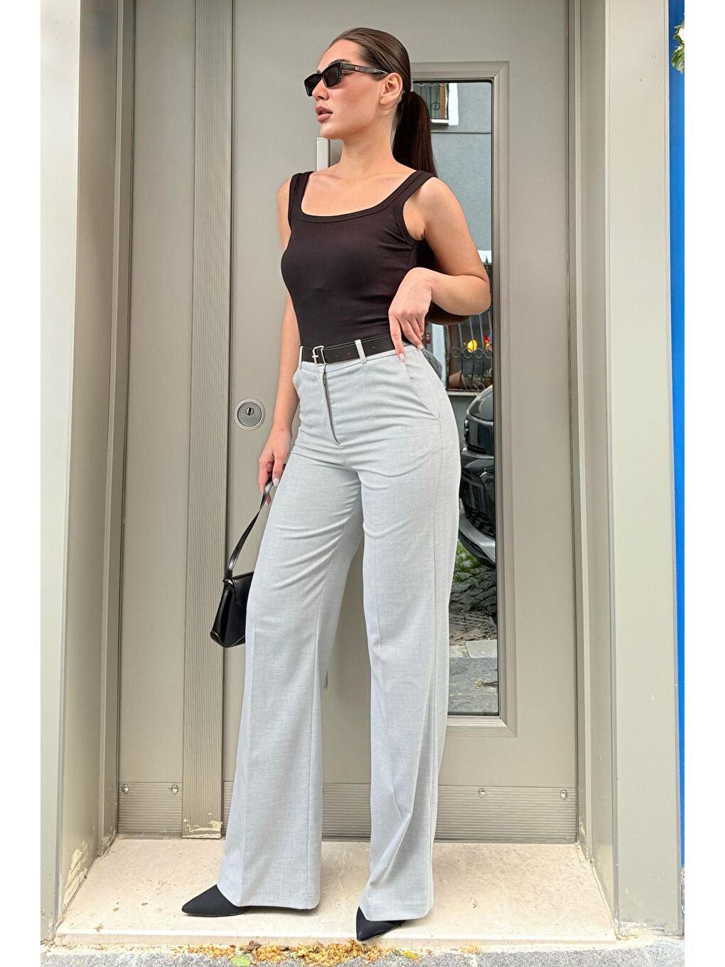 Gri Yüksek Bel Kumaş Pantolon Mg2285-2