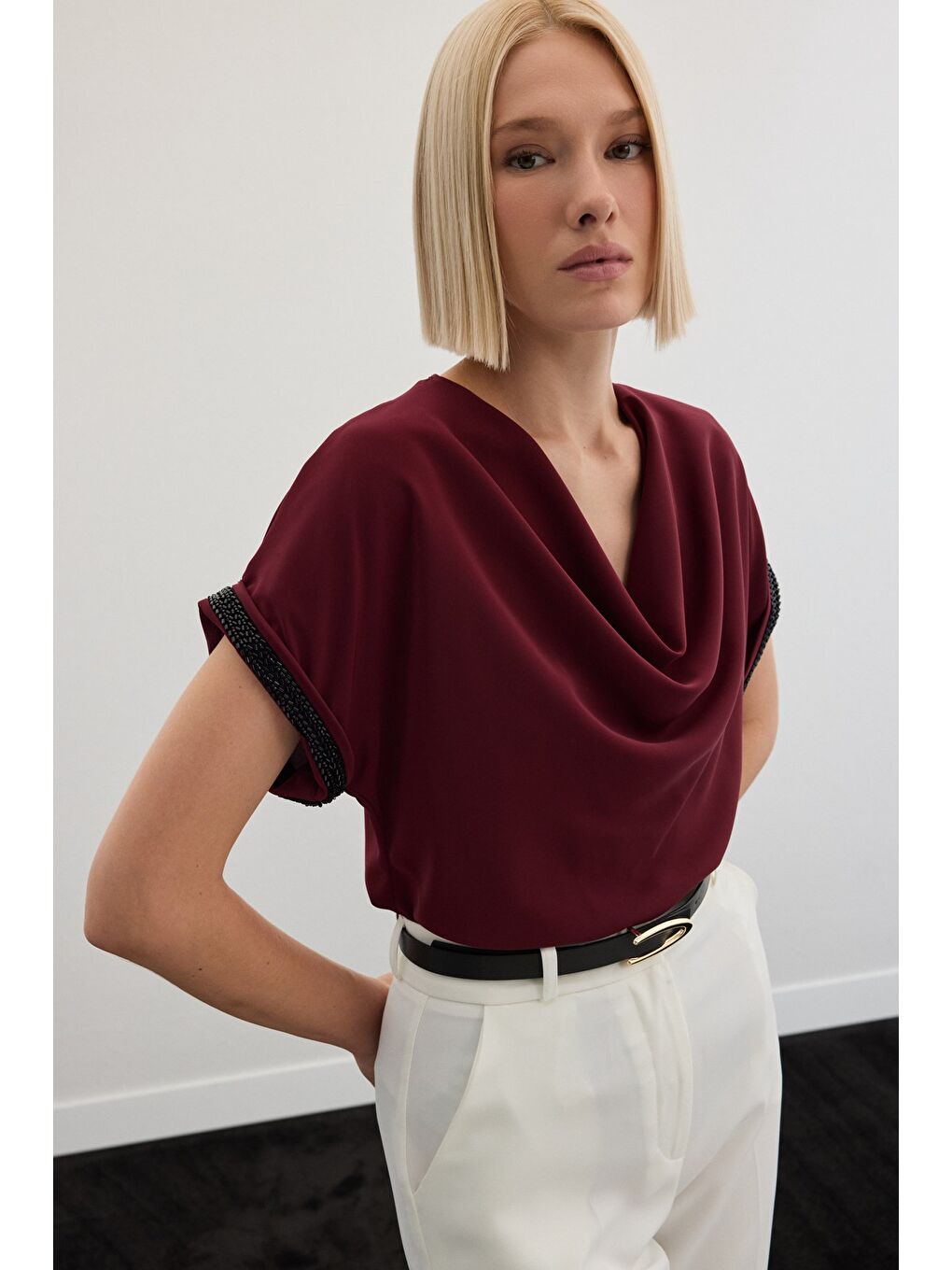 Kollar Taş Detaylı Salaş Bluz - Bordo-3