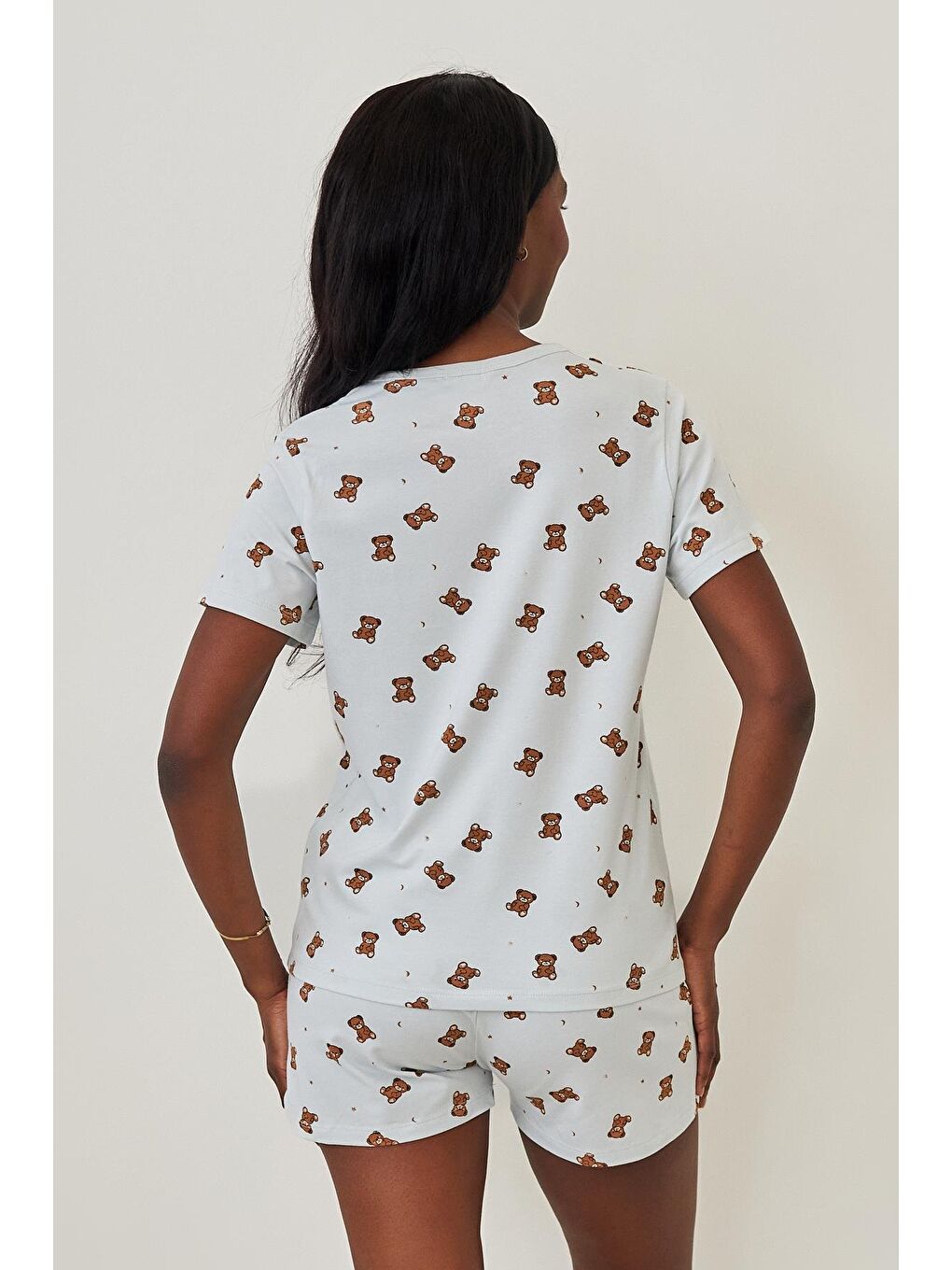 Kadın Teddy Desenli Şortlu Pijama Takımı Açık Mavi-2