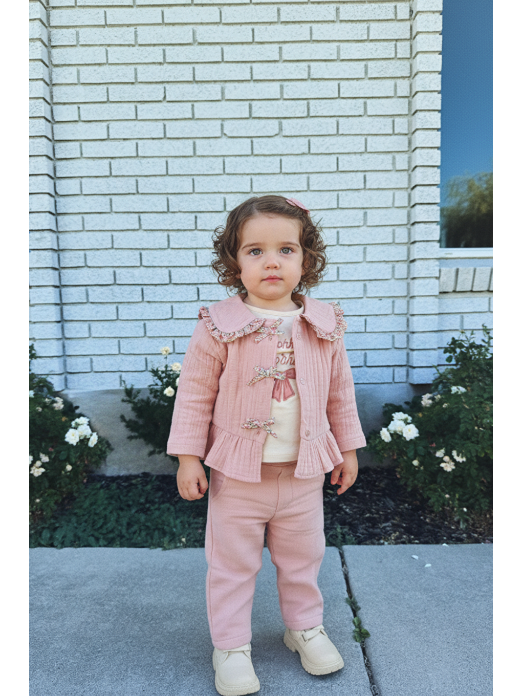Pembe Kız Bebek Pamuklu Pudra Yakalı Müslin 3'Lü Takım - Ceket Tişört Pantolon