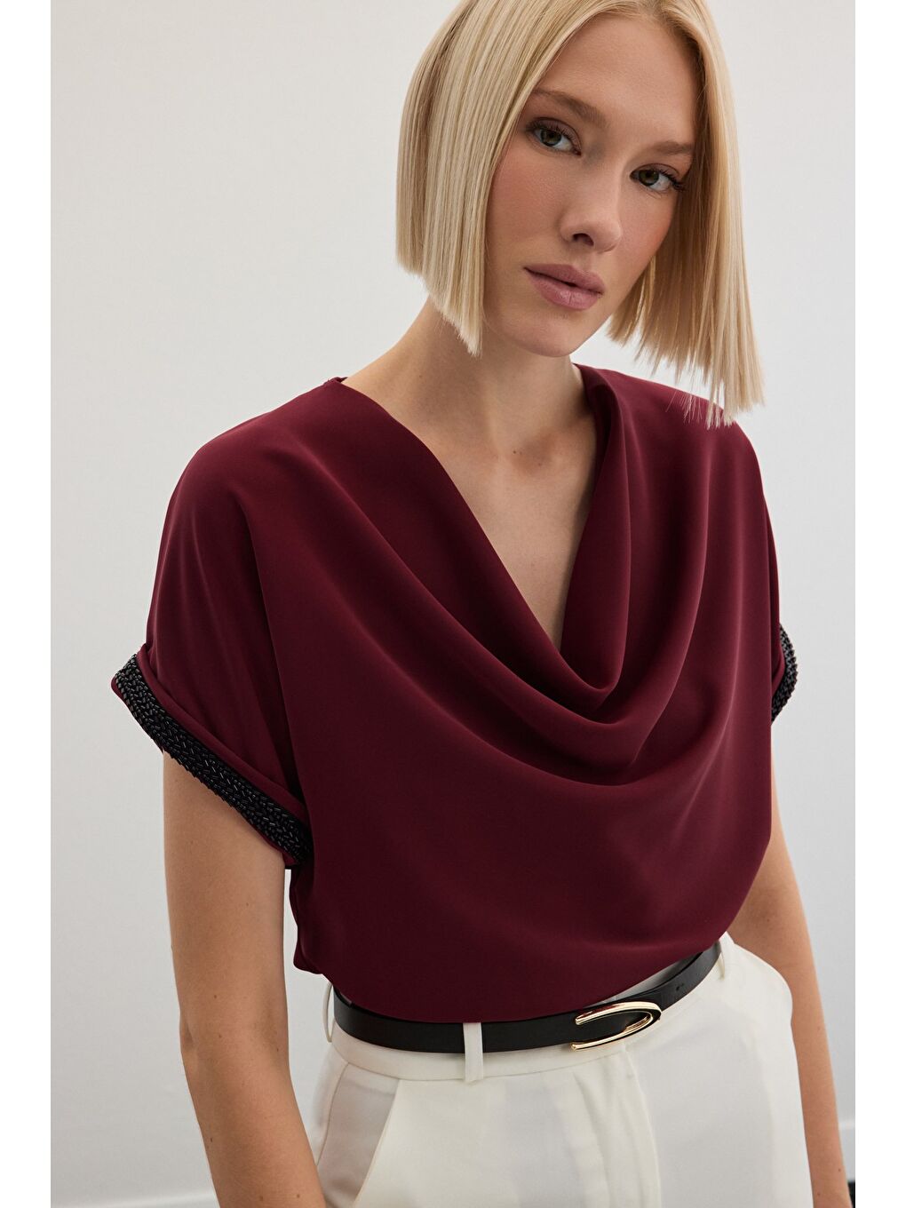 Kollar Taş Detaylı Salaş Bluz - Bordo-4