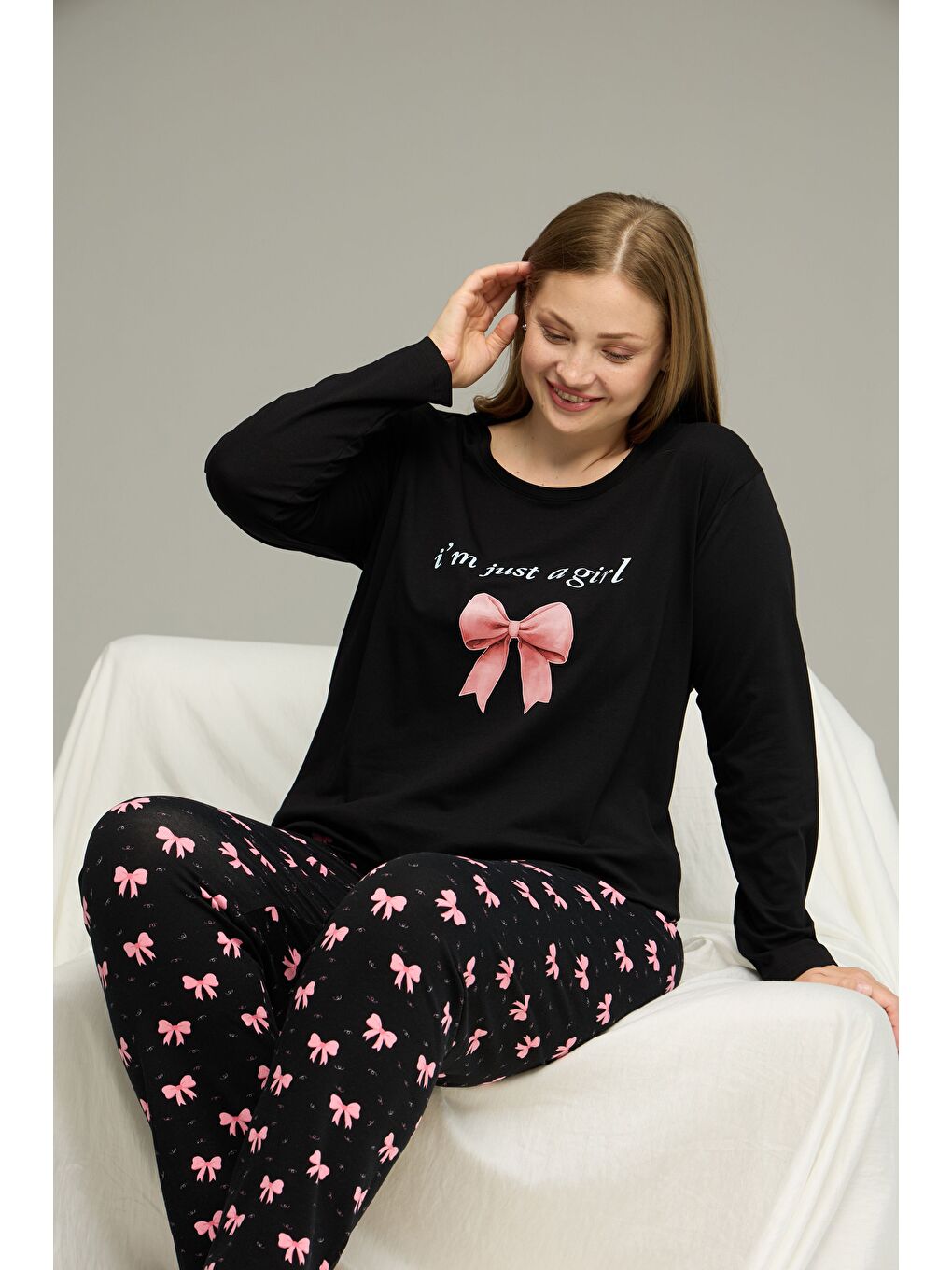 Siyah Desenli Curve Büyük Beden Battal Boy Pamuklu Pijama Takım25240820