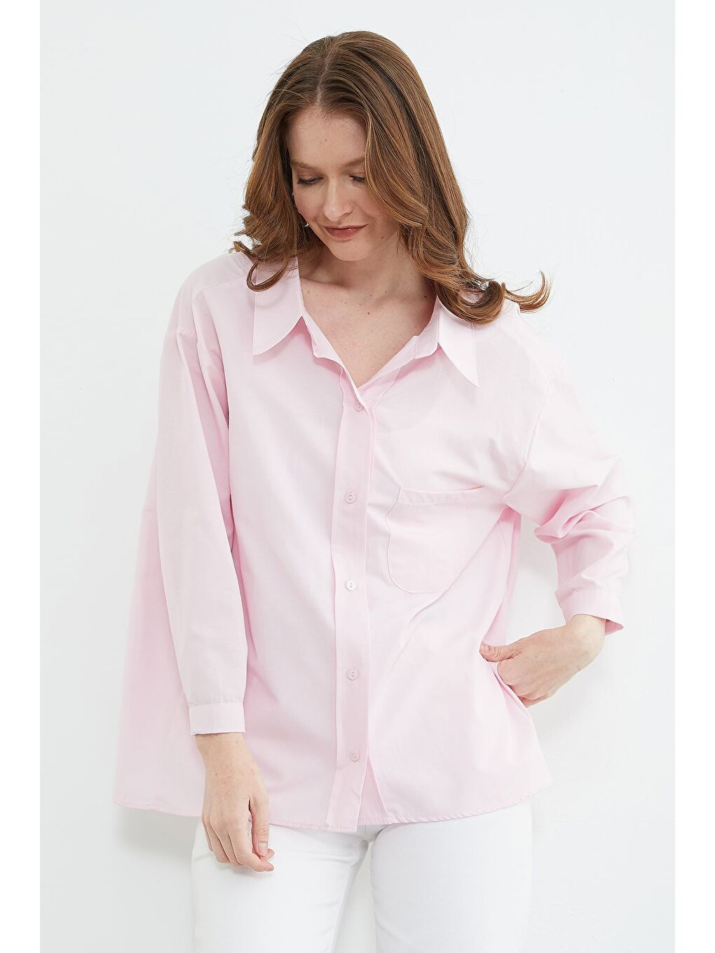 Pembe Basic Tek Cepli Oversize Gömlek-3