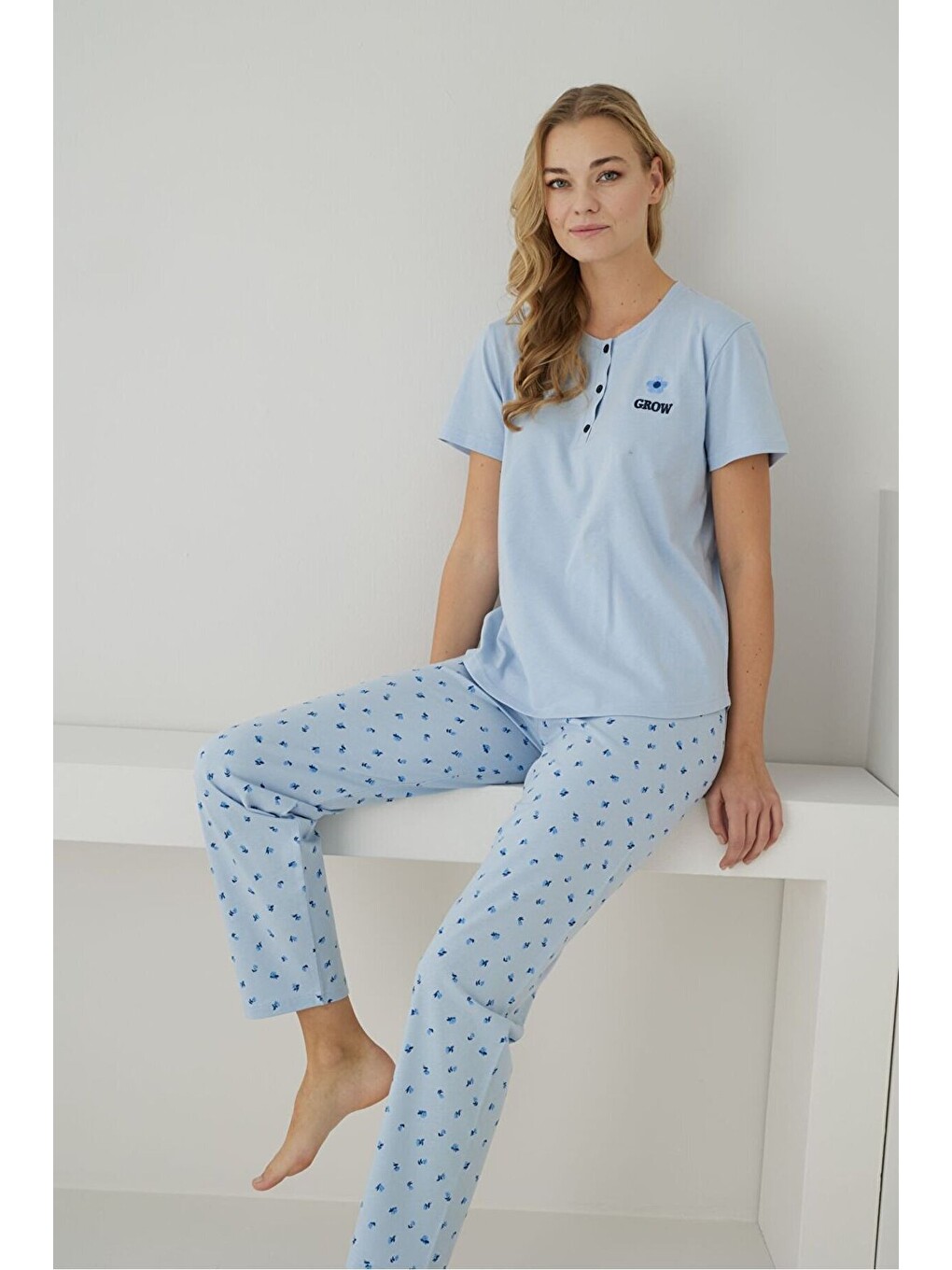 Kadın %100 Organik Pamuk Mavi Çiçek Desenli Kısa Kollu Doğal Pijama Takımı-2
