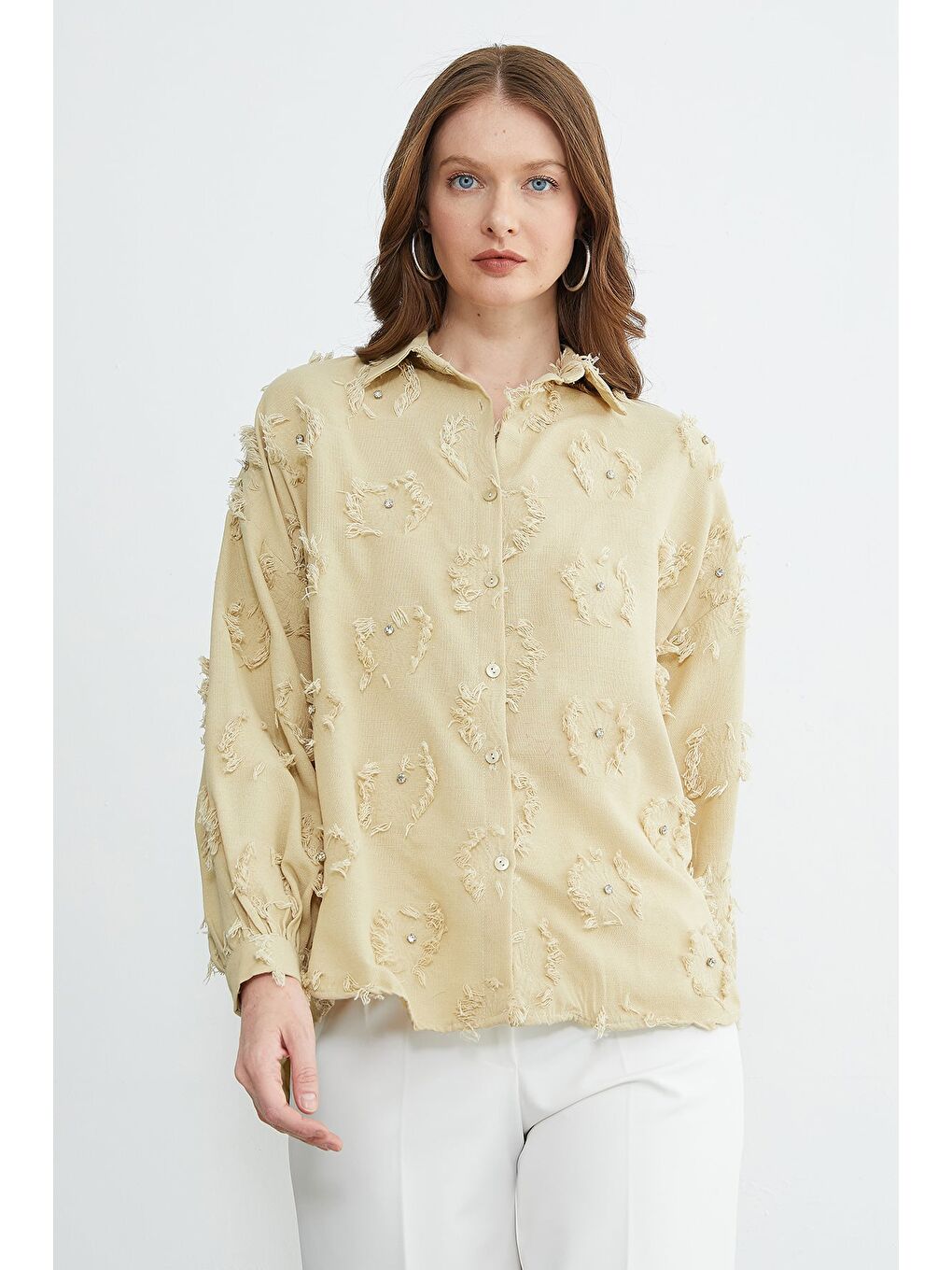 Yeşil Püsküllü Taş işlemeli Salaş Gömlek-1