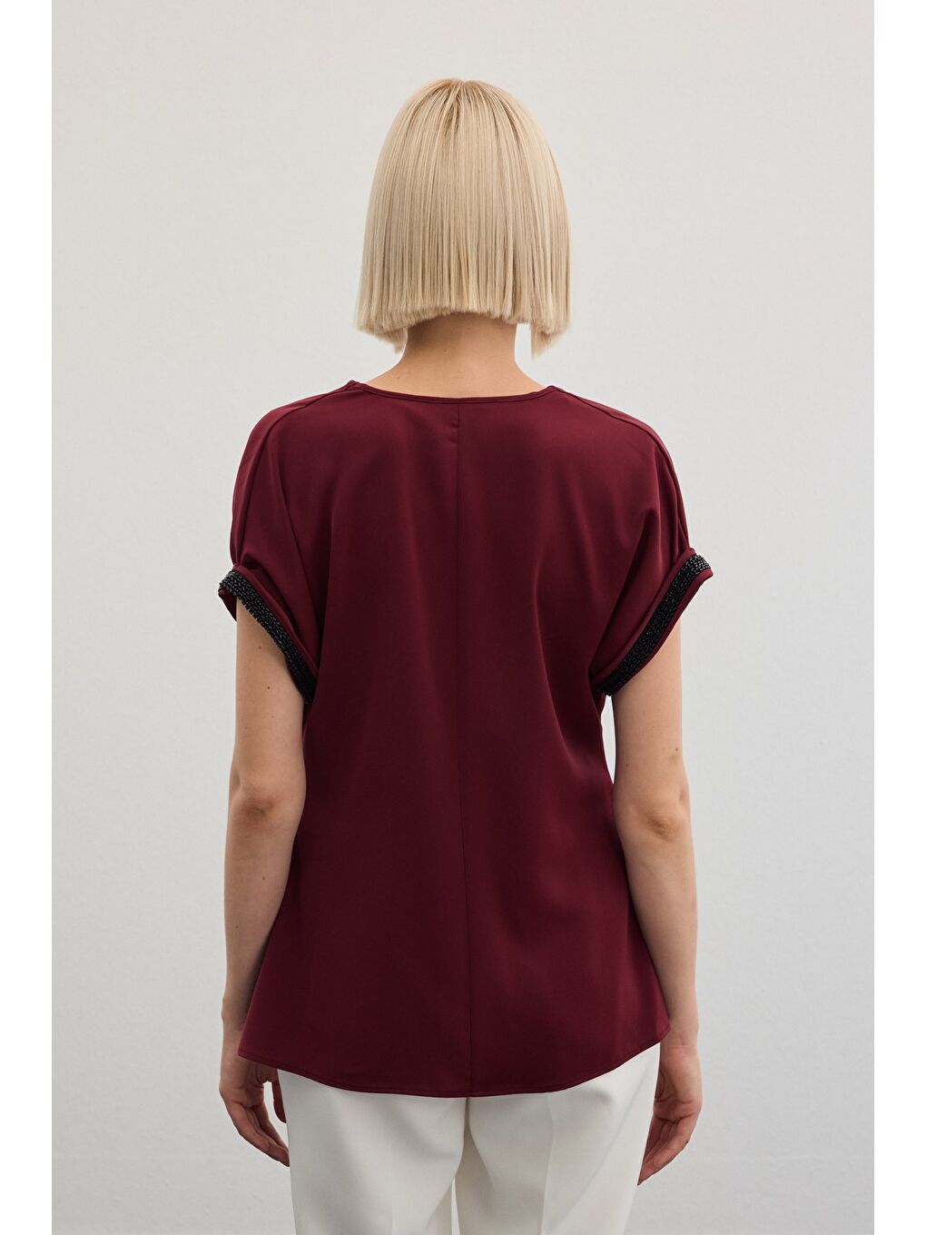 Kollar Taş Detaylı Salaş Bluz - Bordo-6