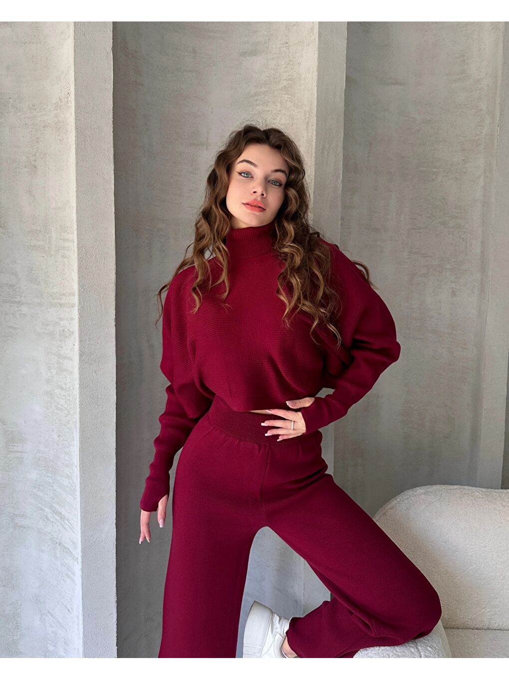 Bordo Balıkçı Crop Kazak ve Pantolon Triko Takım-2