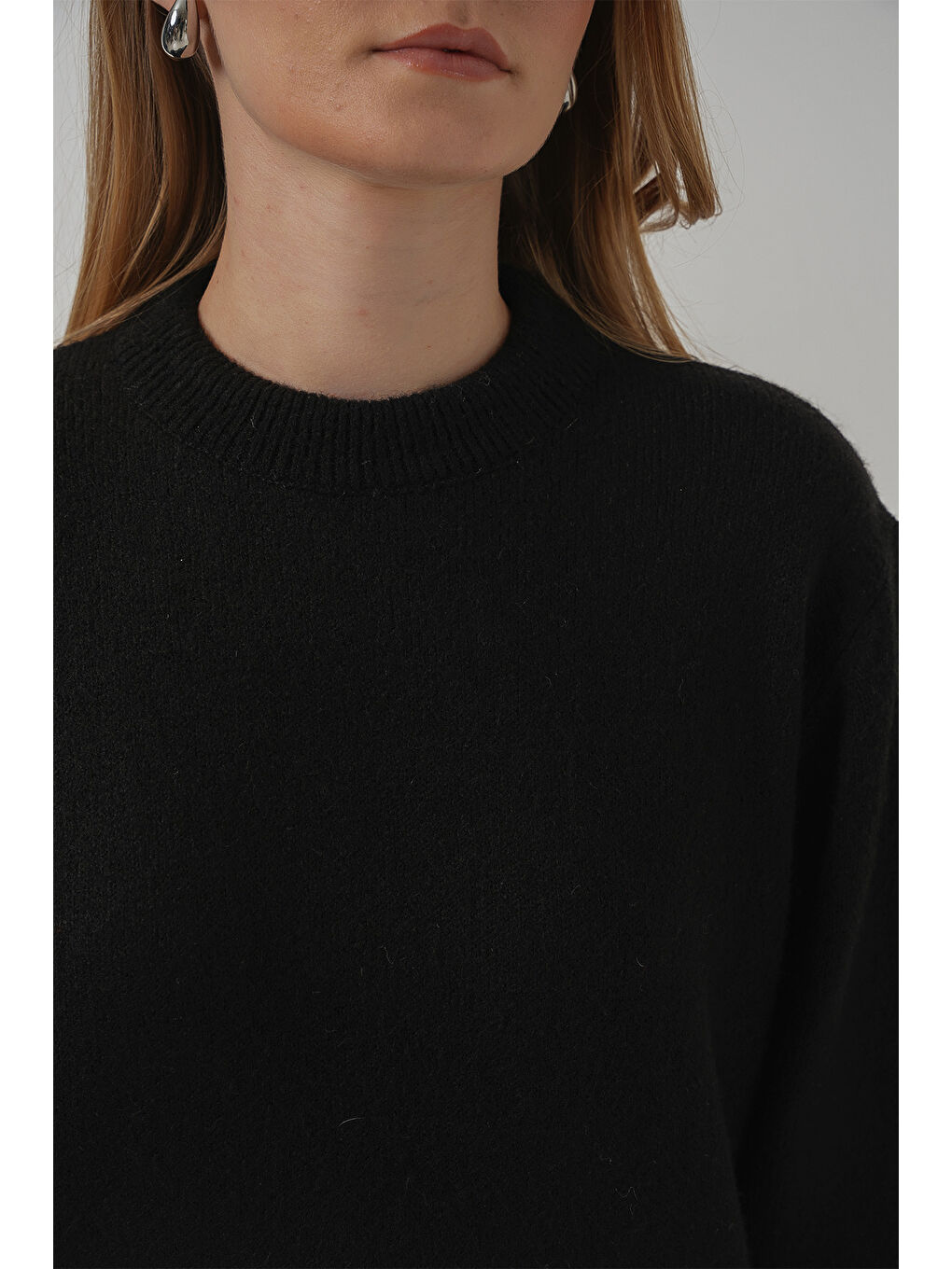 15895 Oversize Düz Siyah Triko Kazak-4