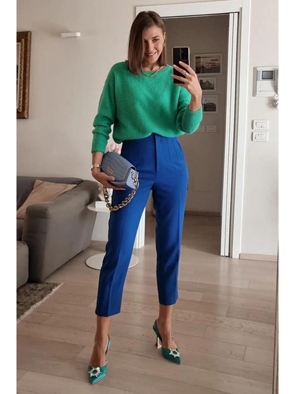 Mavi Saks Önü Biyeli Yüksek Bel Kadın Pantolon Mg2425