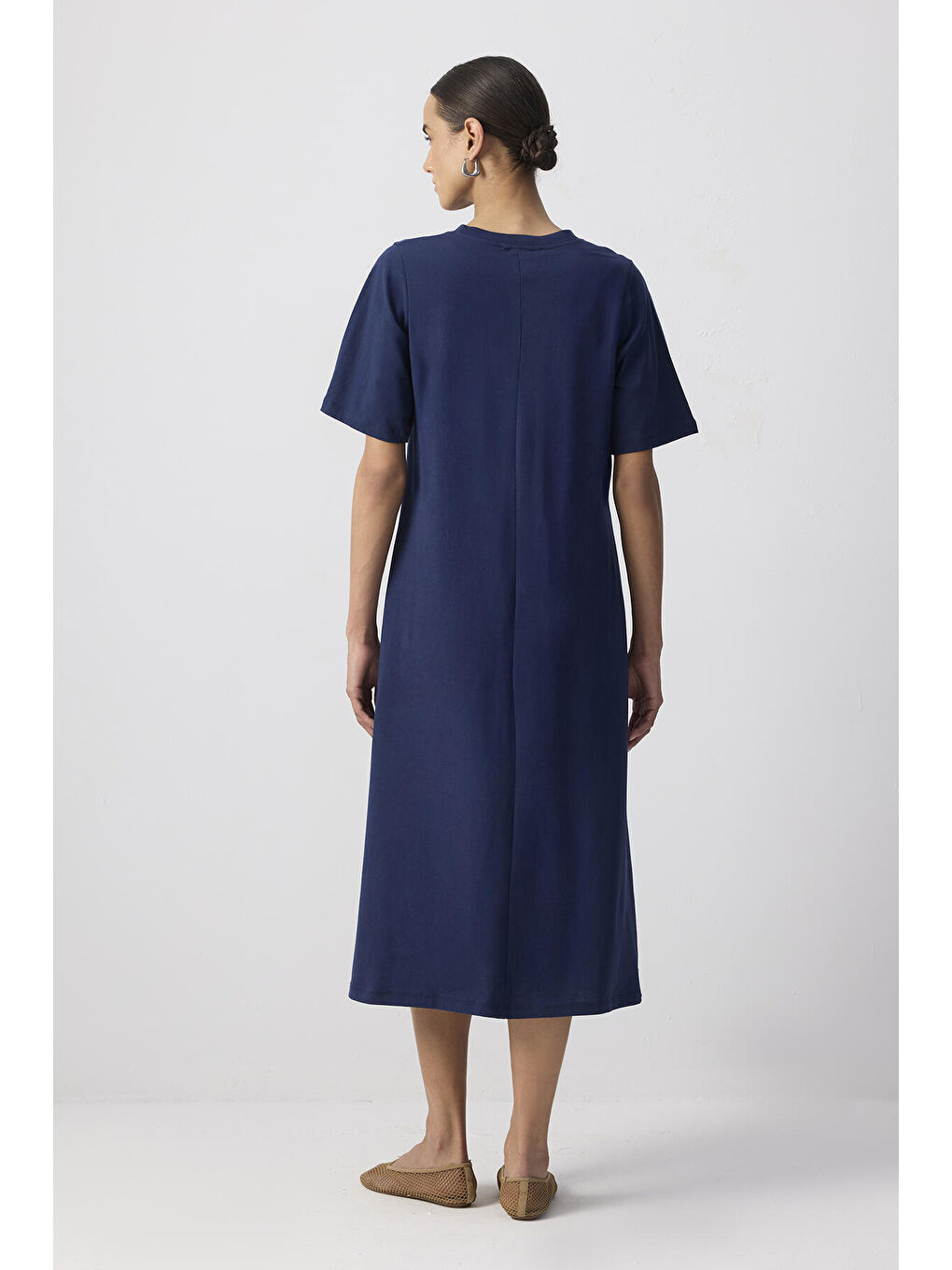 Lacivert %100 Pamuklu Kısa Kollu Örme Elbise-3