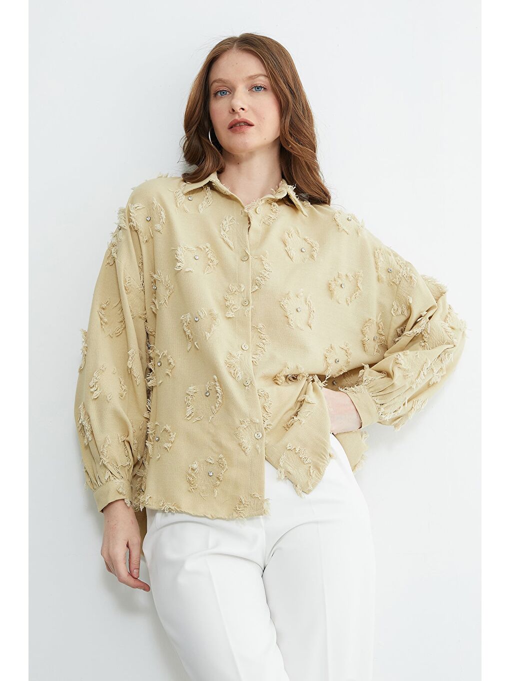 Yeşil Püsküllü Taş işlemeli Salaş Gömlek-3