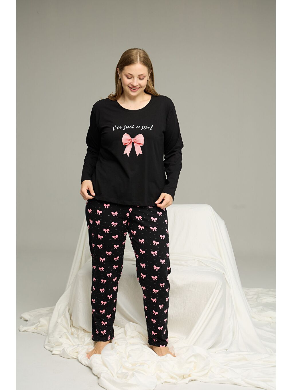 Siyah Desenli Curve Büyük Beden Battal Boy Pamuklu Pijama Takım25240820-1