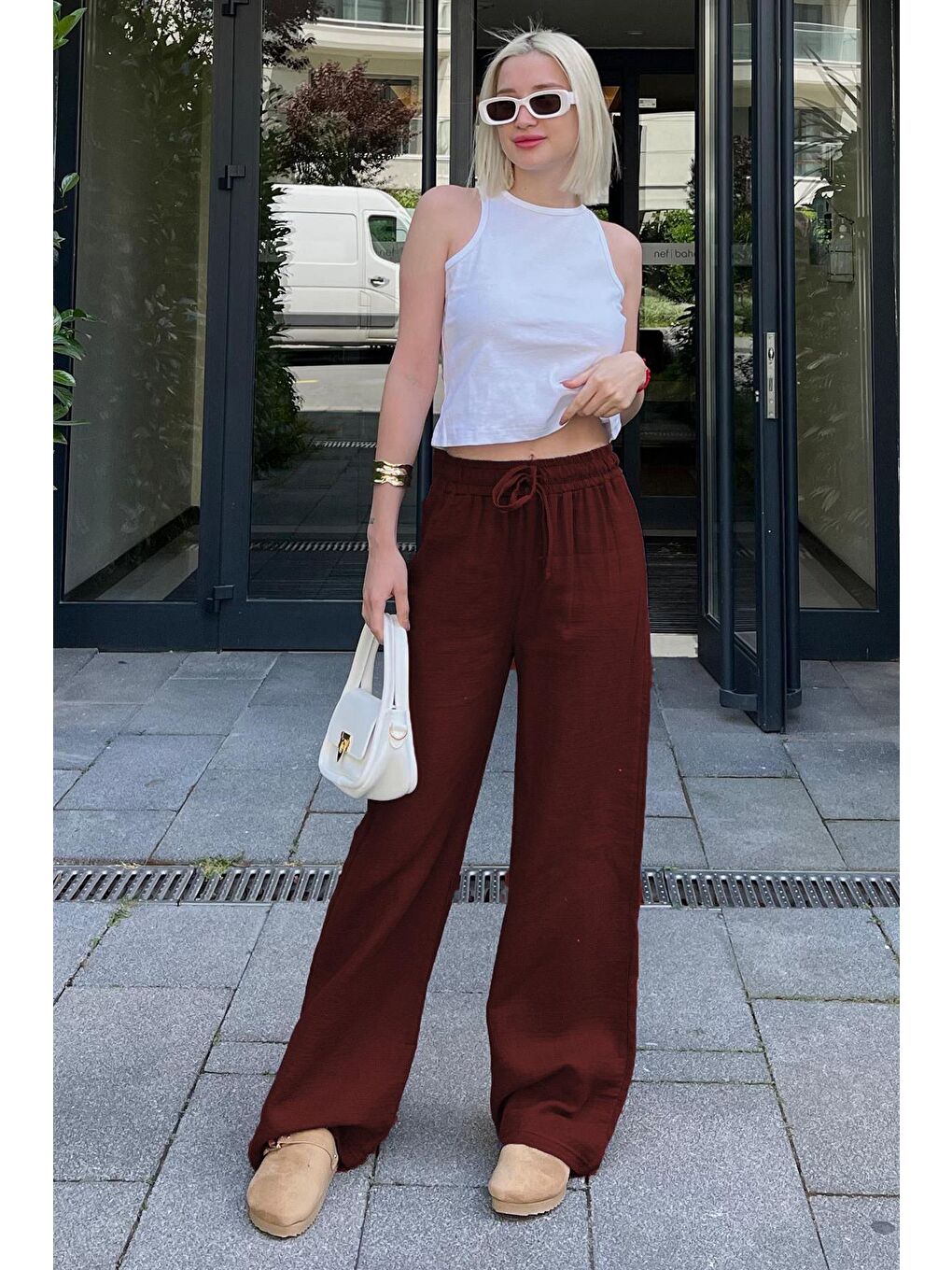 Bordo Bol Paça Müslin Kadın Pantolon Mg1980-1